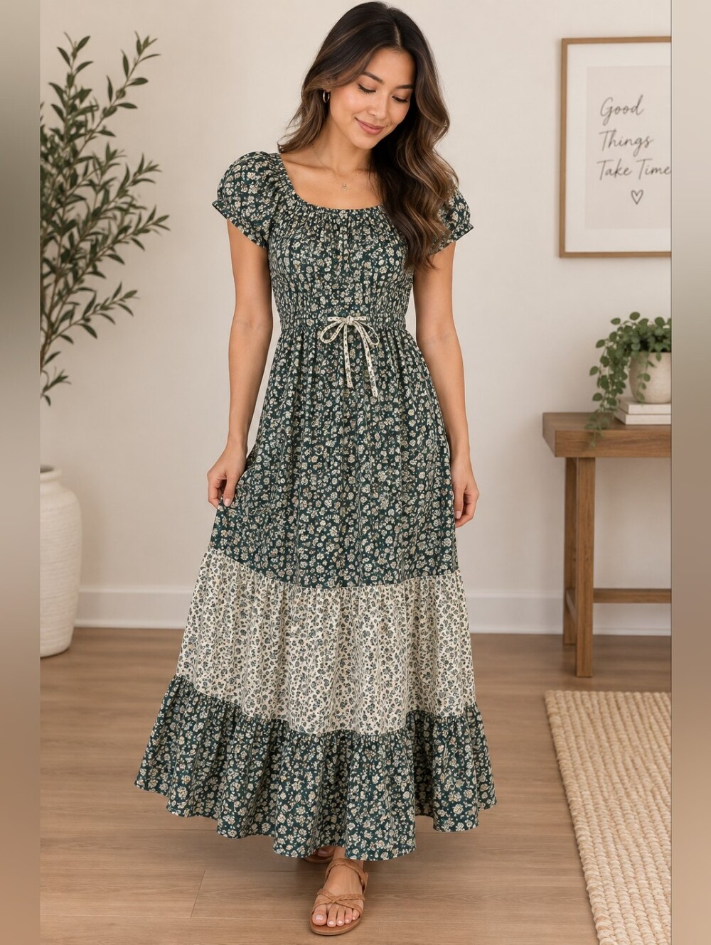 VINTAGE Floral Maxi Dress in Green and Cream